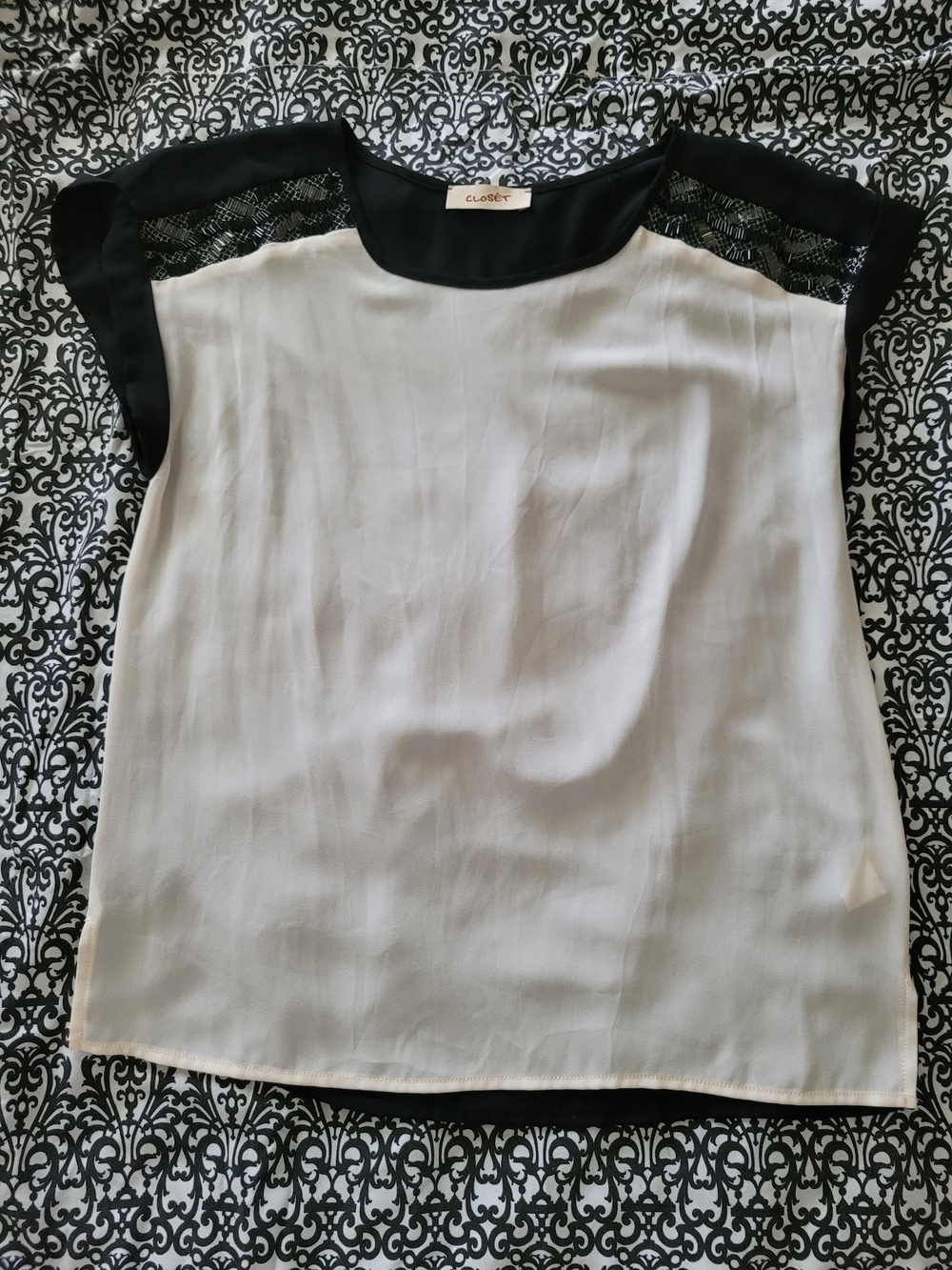 Closet Black and Cream Lace-Yoke Cap Sleeve Blouse